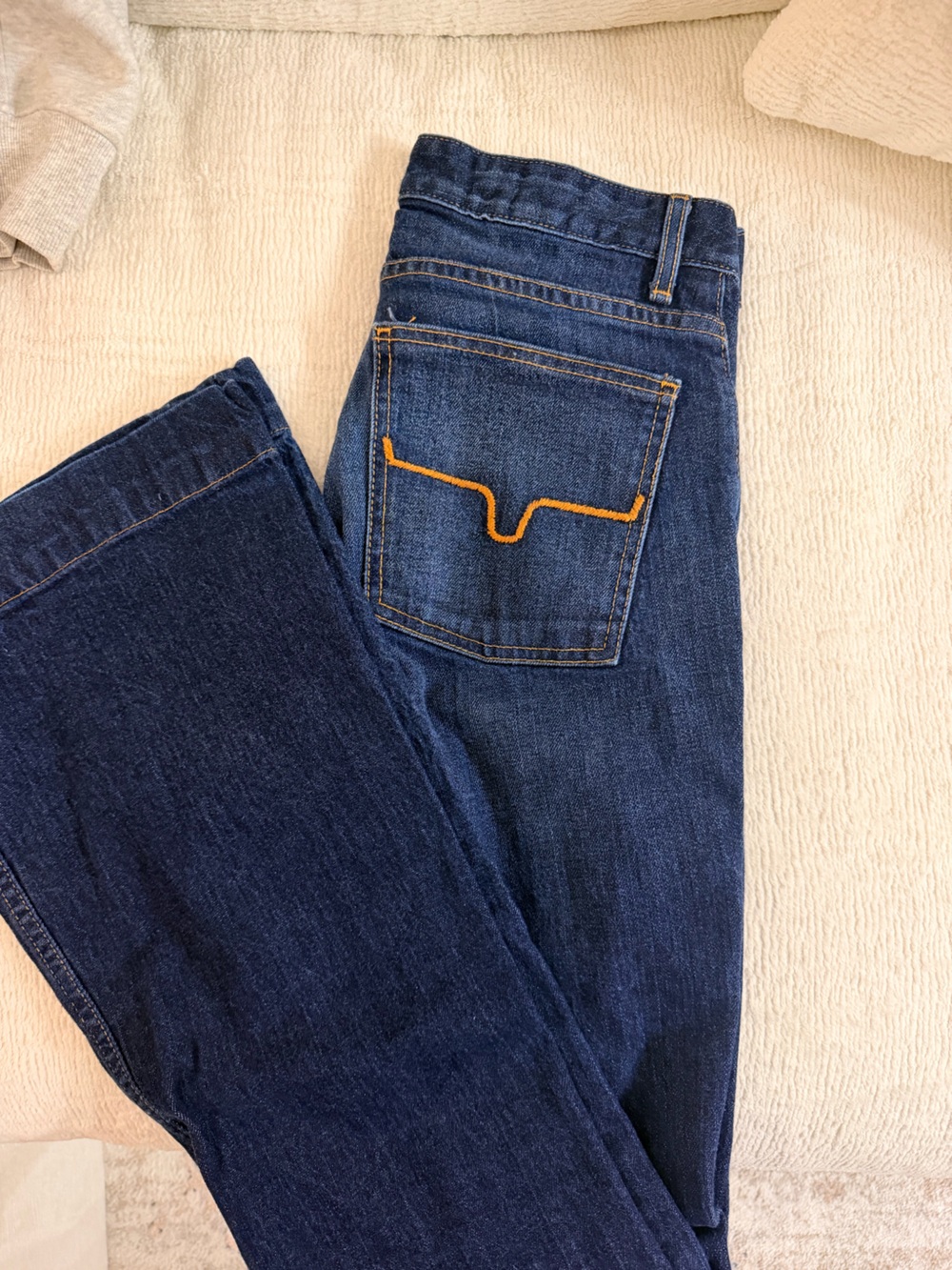 Kimes Ranch Women's Dark Blue Boot-Cut Jeans with Orange Pocket Stitching